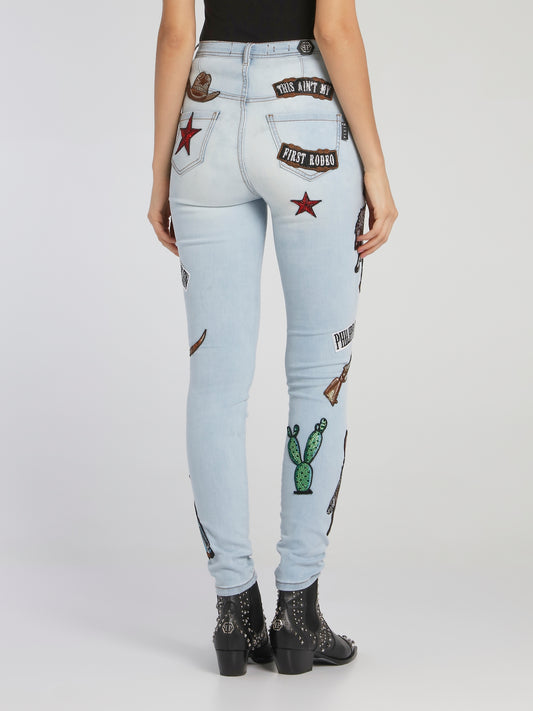 Cowboy Patched High Waist Jeggings