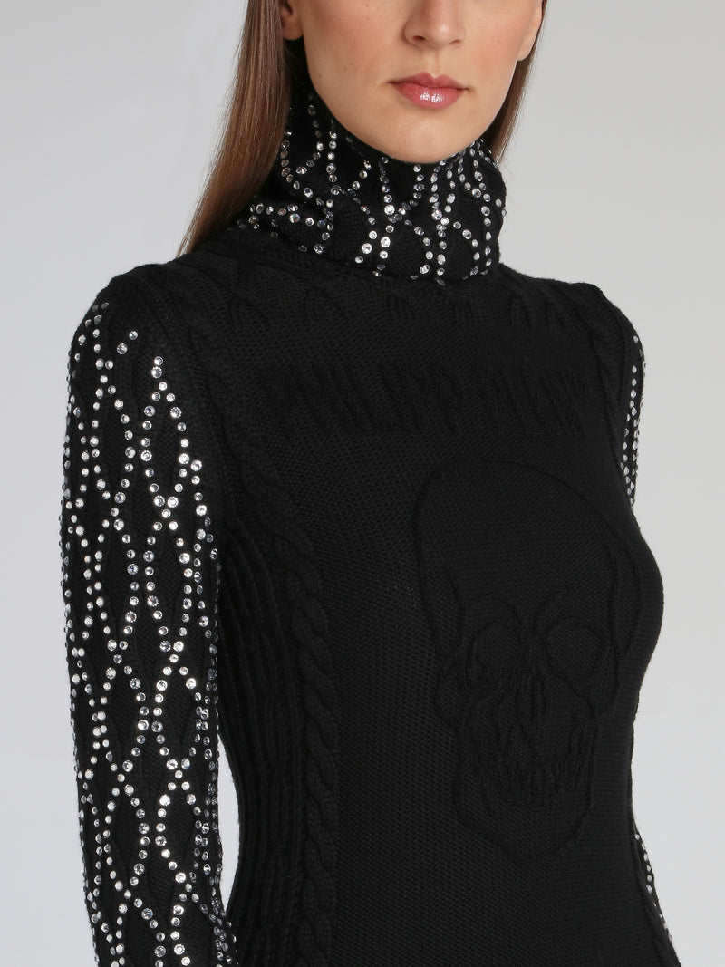 Black Crystal Detail Ribbed Dress