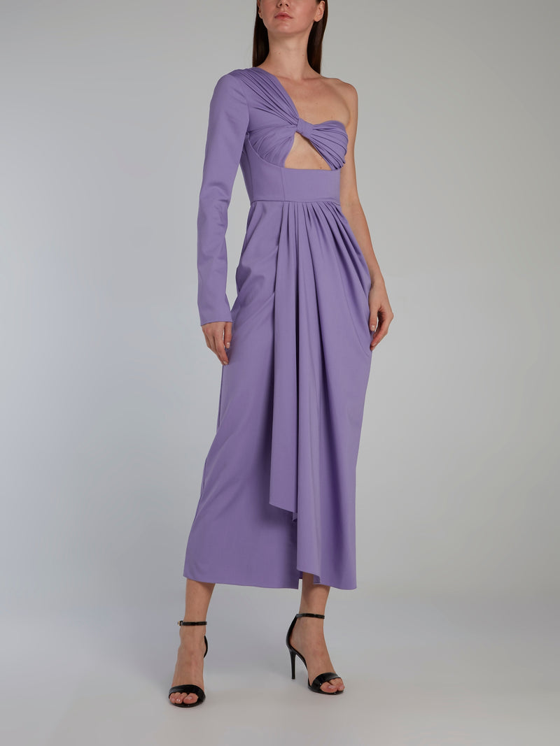 Purple One Shoulder Draped Midi Dress