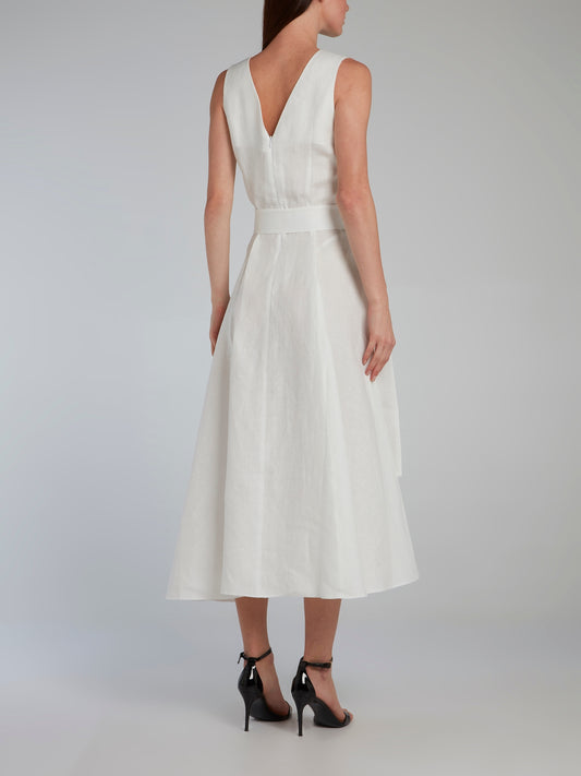 White Belted V-Neck Midi Dress
