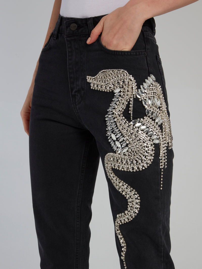 Black Dragon Embroidery Denim Jeans