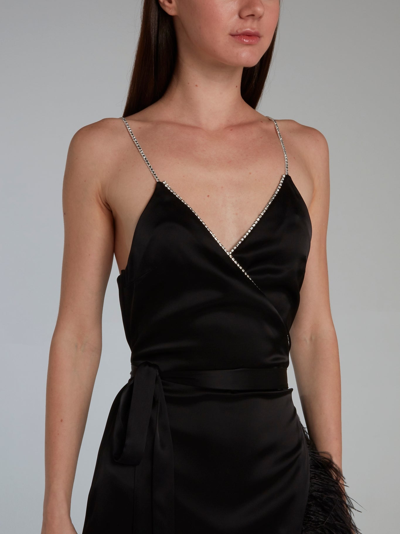 David Koma Black Crystal and Feather Trim Cami Wrap Gown David Koma Black Crystal and Feather Trim Cami Wrap Gown
