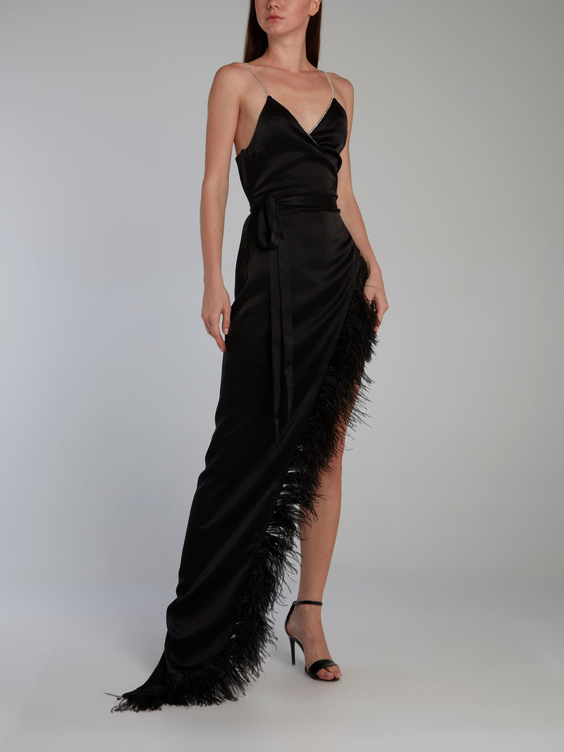 Black Crystal and Feather Trim Cami Wrap Gown