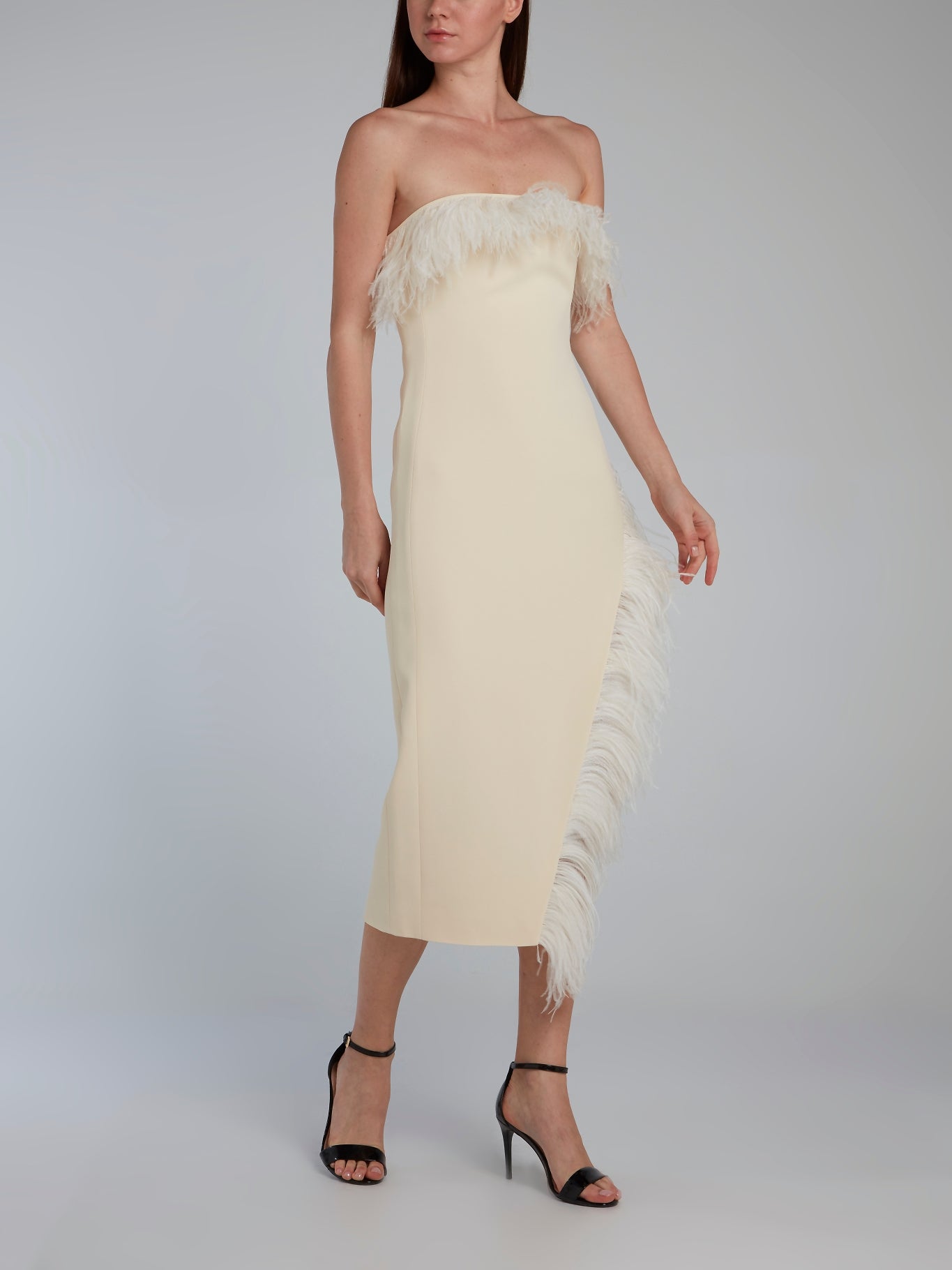 David Koma Feather Trim Asymmetrical Hem Strapless Midi Dress 8 / White David Koma Feather Trim Asymmetrical Hem Strapless Midi Dress 8 / White