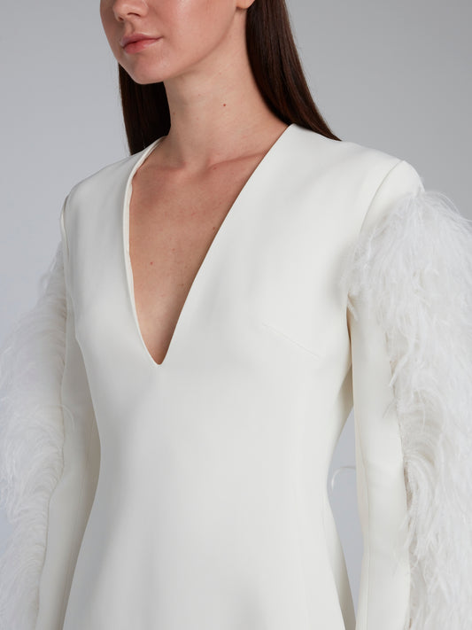 White Feather Sleeve V-Neck Mini Dress