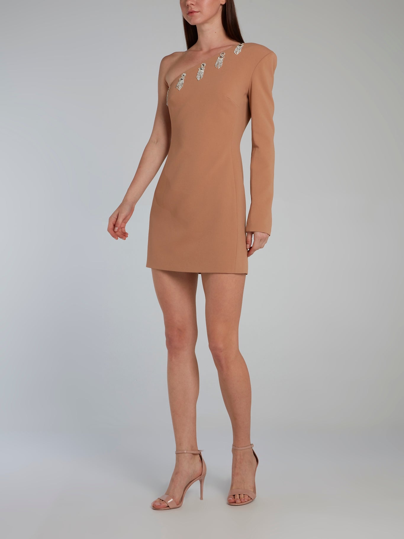 Beige Asymmetric Embroidered Mini Dress