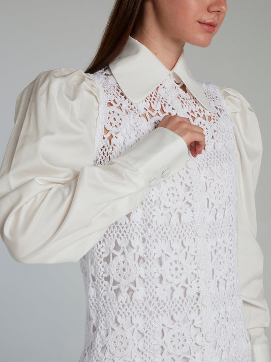 White Crochet Detail Puff Sleeve Shirt