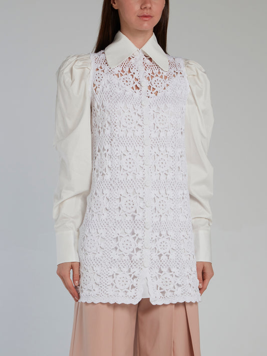 White Crochet Detail Puff Sleeve Shirt