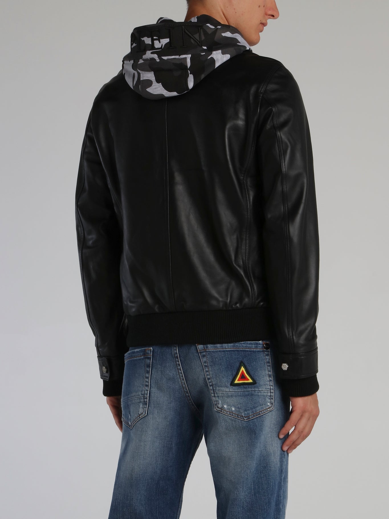 Black Camo Panel Leather Jacket