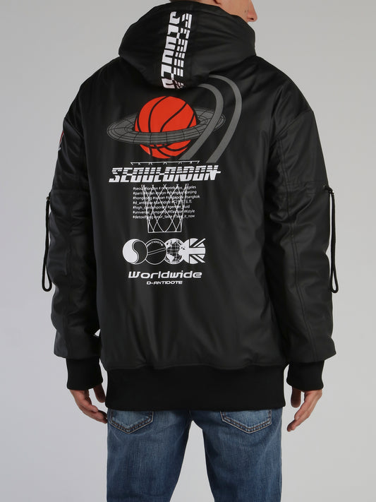 Black Basketball Logo Leather Jacket