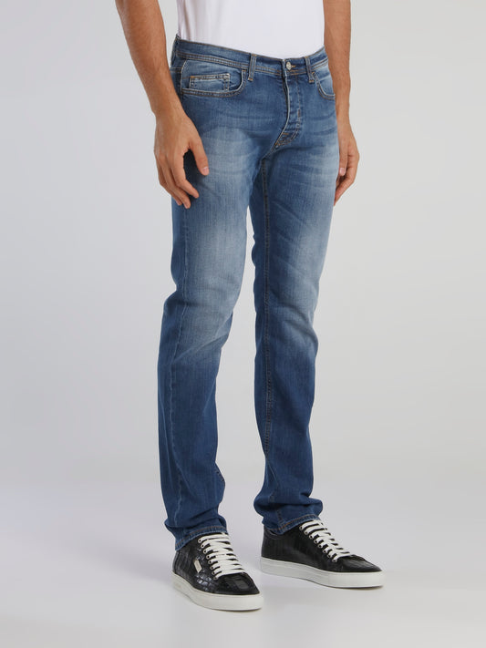 Straight Cut Denim Jeans With Rear Logo