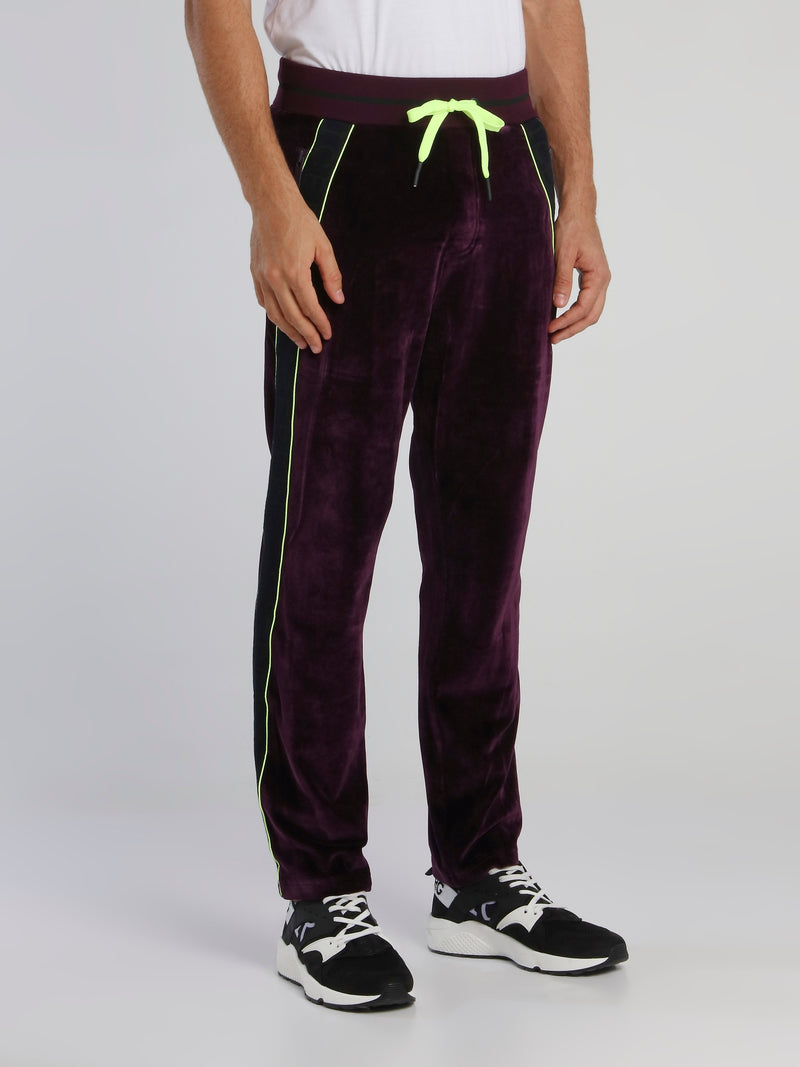 Purple Side Stripe Drawstring Velvet Trousers