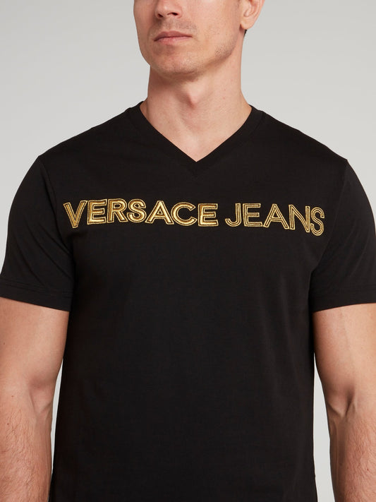 Black Logo Embroidered V-Neck T-Shirt