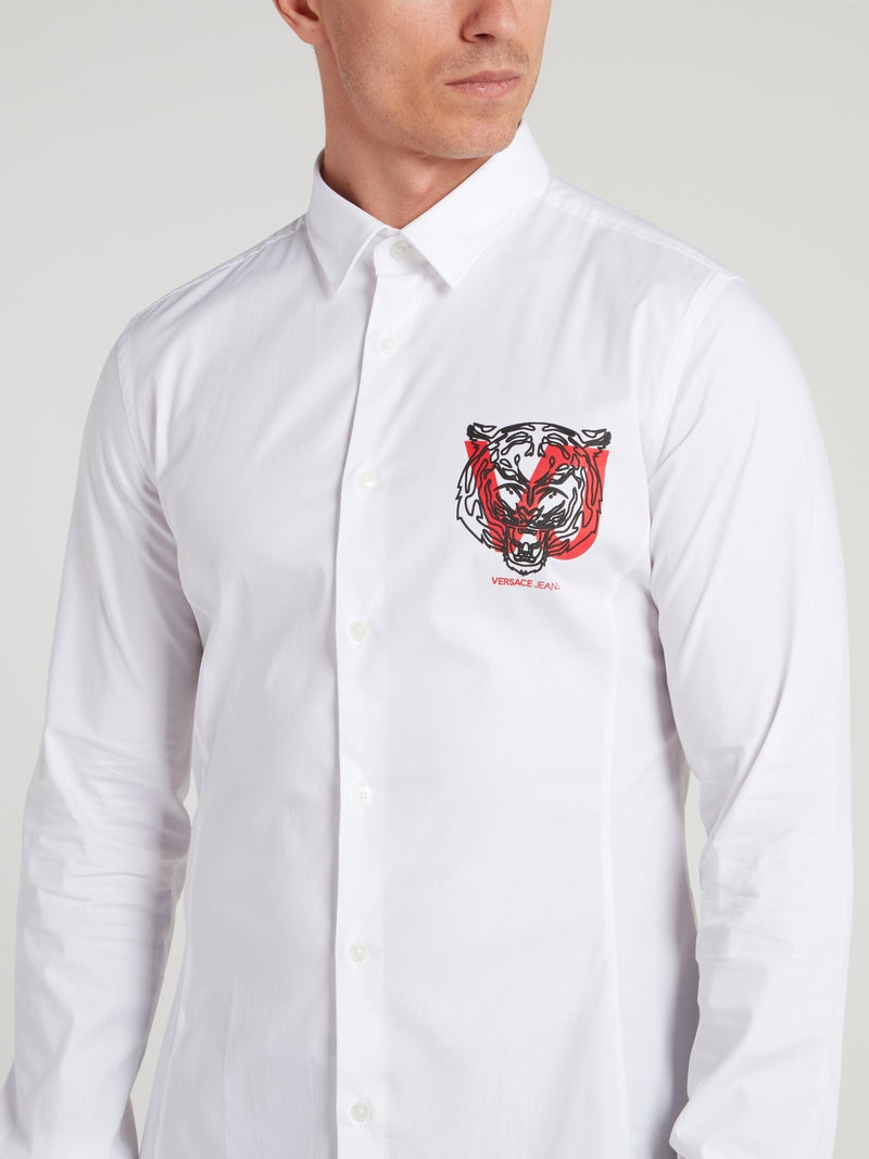 White Tiger Print Logo Long Sleeve Shirt