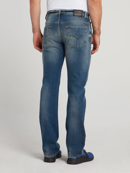 Blue Distressed Straight Cut Denim Jeans