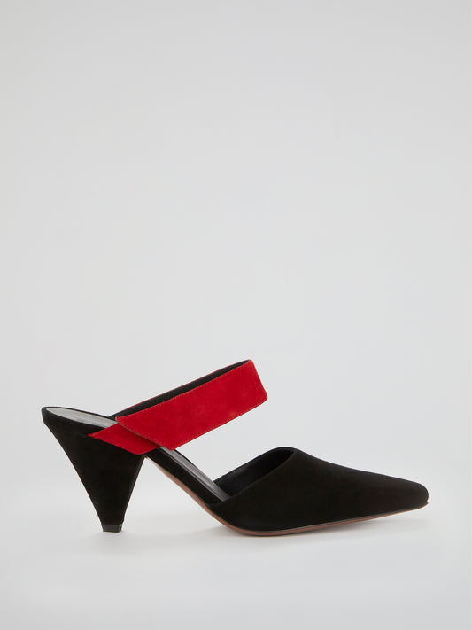 Seven Black and Red Suede Mules