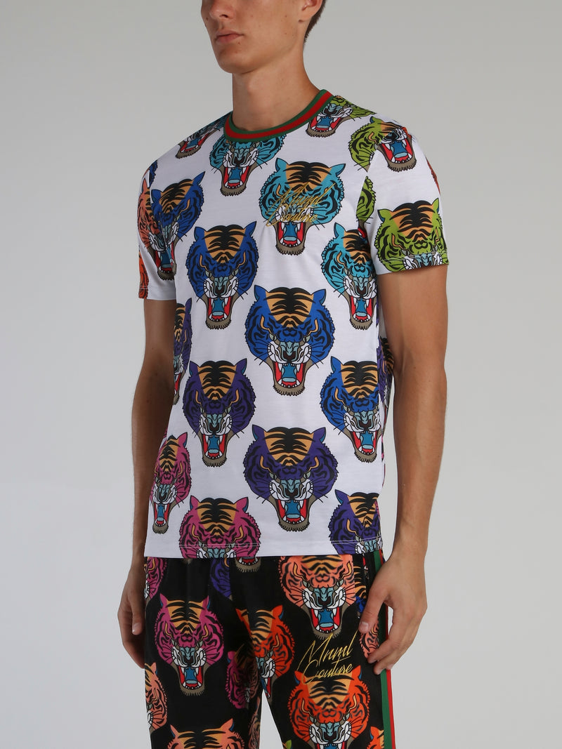 Tiger Face All Over Round Neck T-Shirt