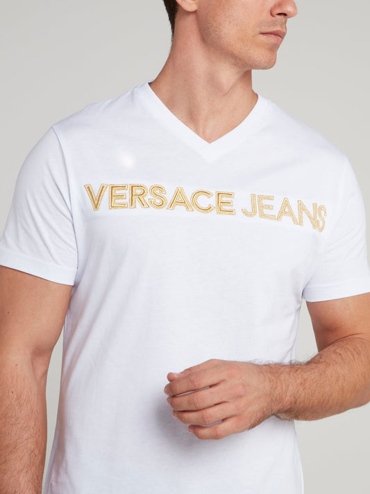White Logo Embroidered V-Neck Shirt