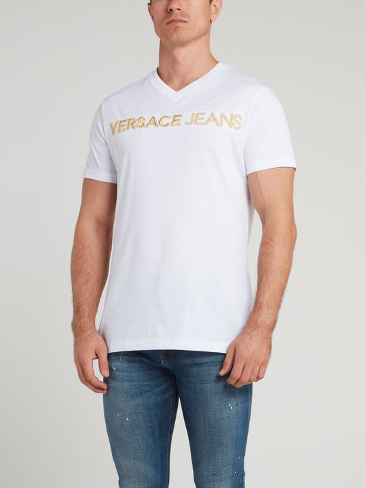 White Logo Embroidered V-Neck Shirt