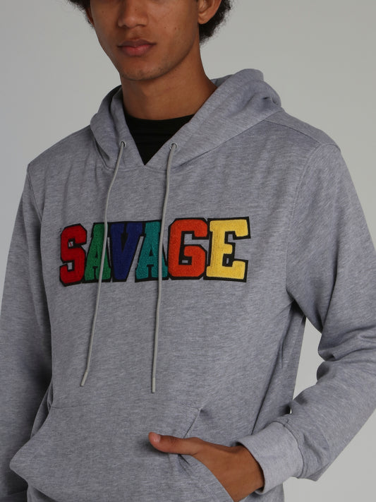 Grey Savage Appliquéd Logo Drawstring Hoodie