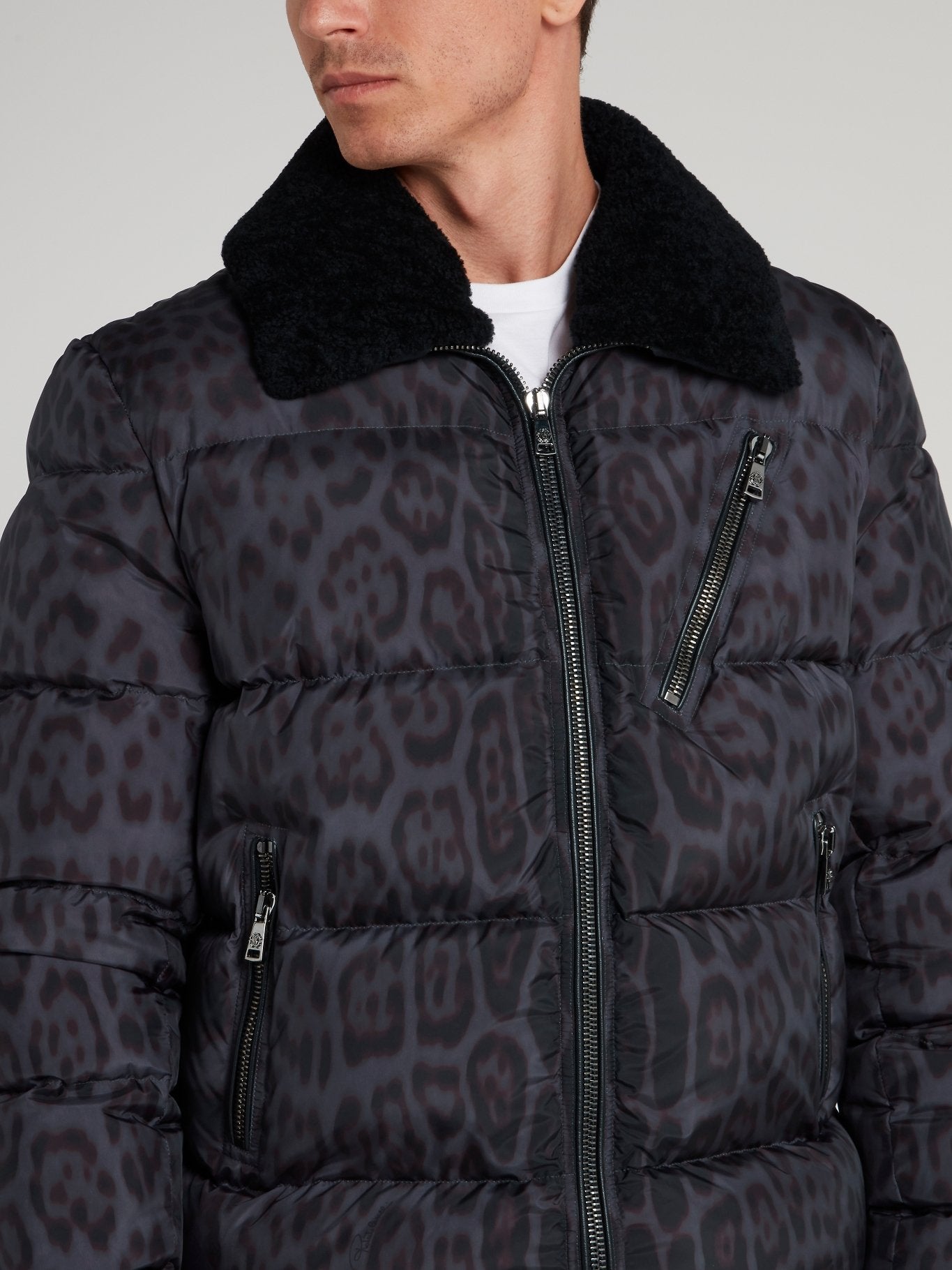 Fur Collar Leopard Print Down Jacket
