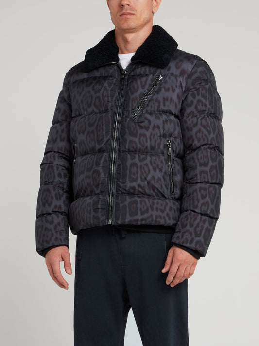 Fur Collar Leopard Print Down Jacket