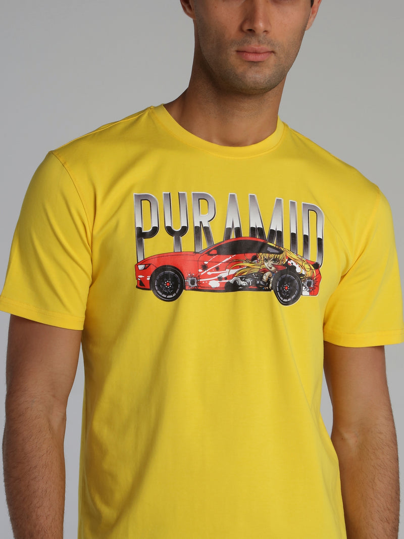 Yellow Anime Car Print T-Shirt