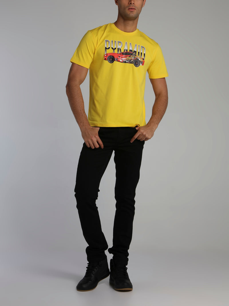 Yellow Anime Car Print T-Shirt