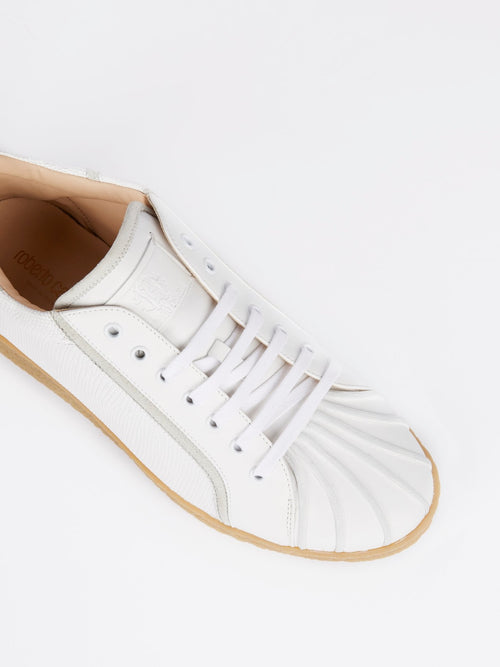 White Textured Leather Rear Logo Sneakers