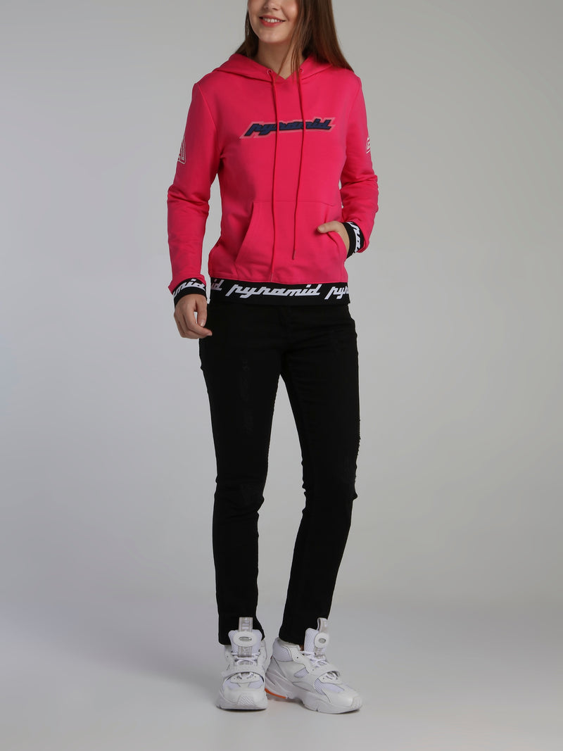 Neon Pink Core 3D Rubber Patch Drawstring Hoodie Sweatshirt