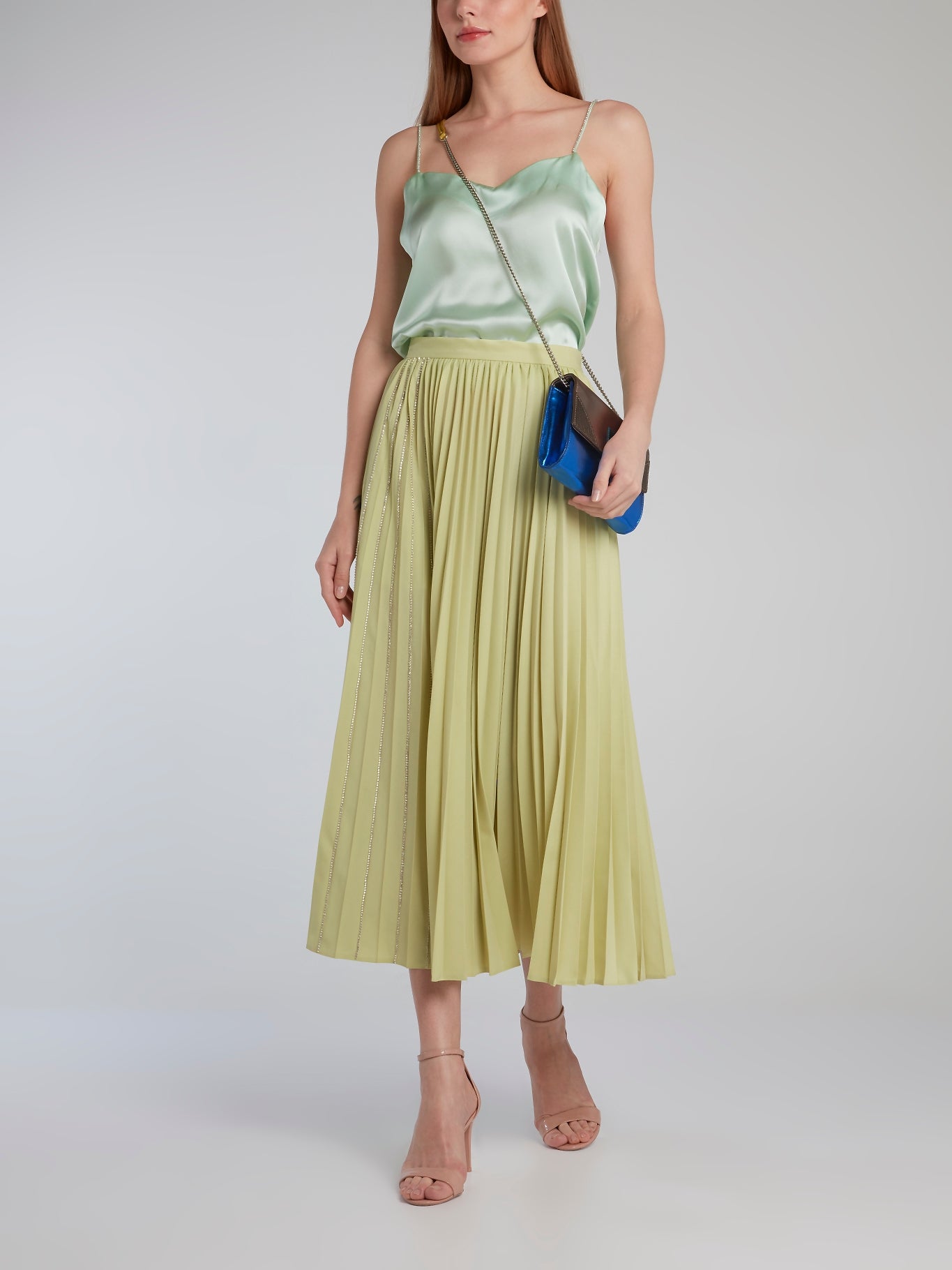 Lime Crystal Studded Accordion Midi Skirt