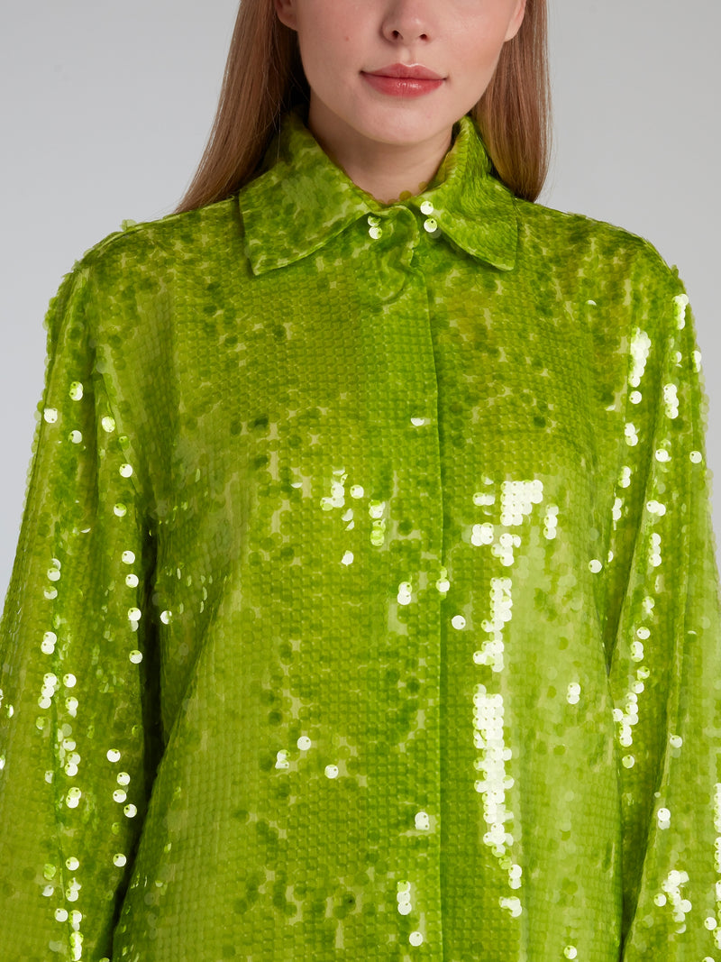 Neon Green Bishop Sleeve Sequin Shirt