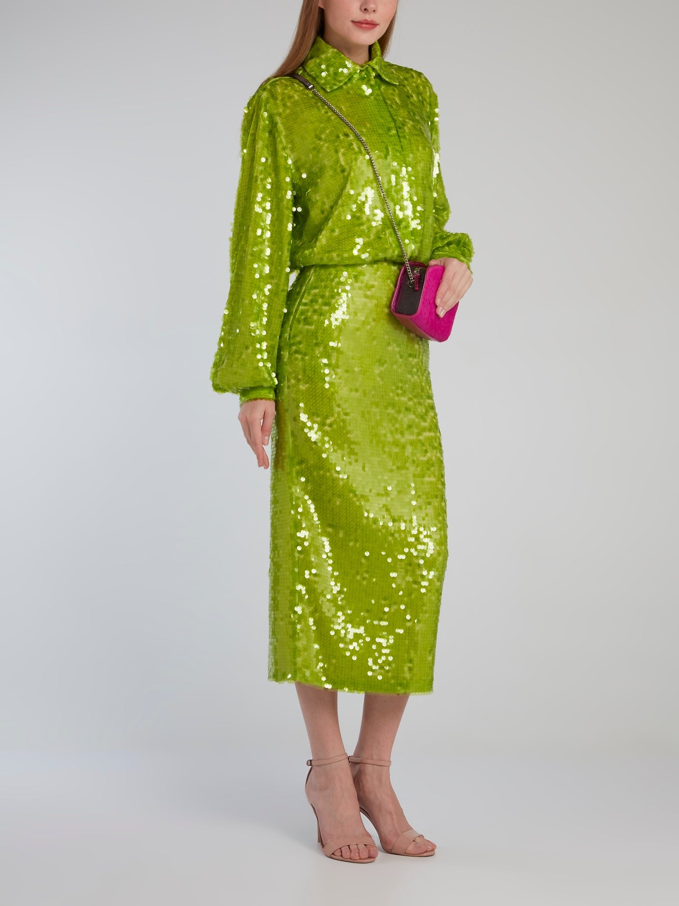 Anouki Neon Green Bishop Sleeve Sequin Shirt 38 / Green Anouki Neon Green Bishop Sleeve Sequin Shirt 38 / Green