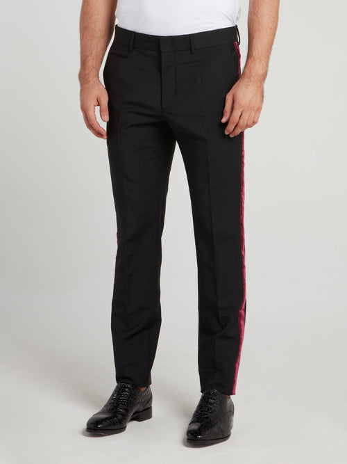 Черные брюки с бордовыми лампасами из бархата