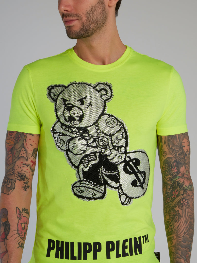 Neon Yellow Strass Bear Crewneck T-Shirt