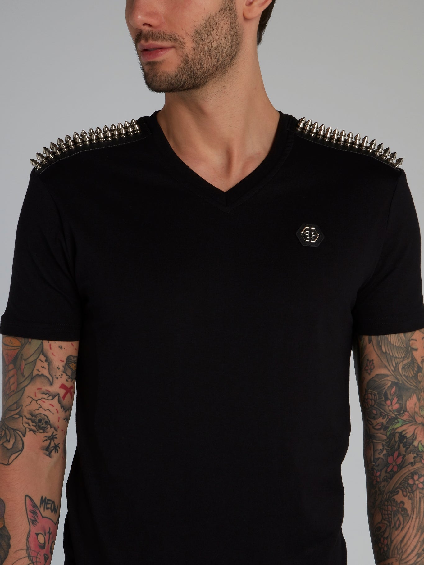Black Spike Studded V-Neck T-Shirt