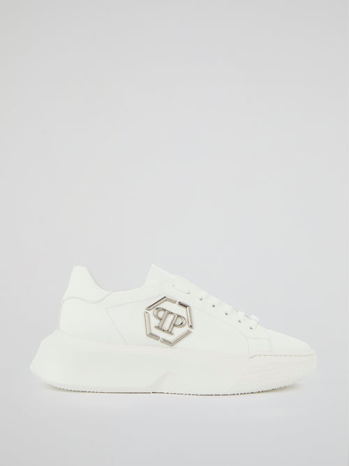 White Monogram Embellished Platform Sneakers