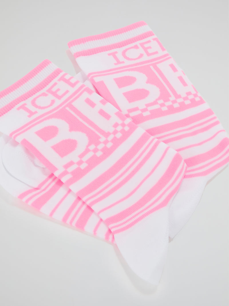 Pink Logo Striped Crew Socks
