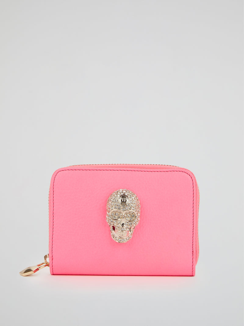 Pink Crystal Skull Zip Around Wallet