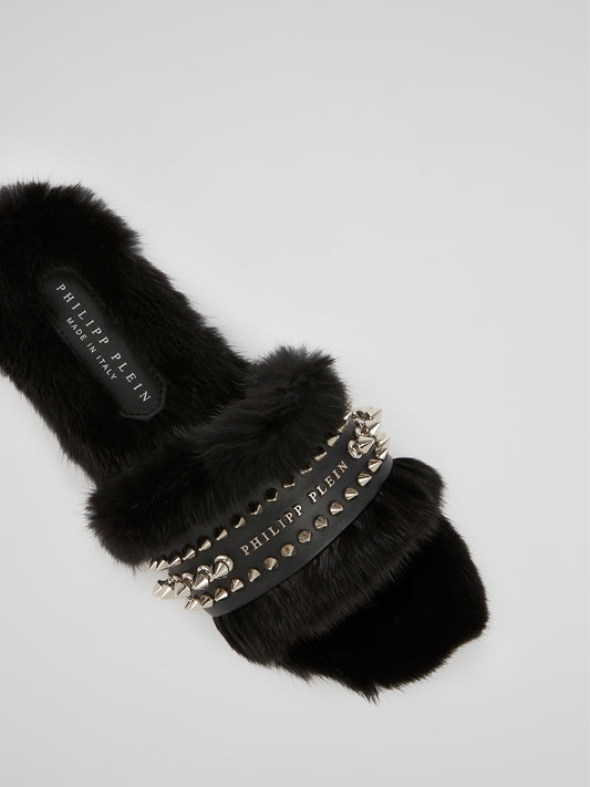Black Spike Studded Fur Slippers