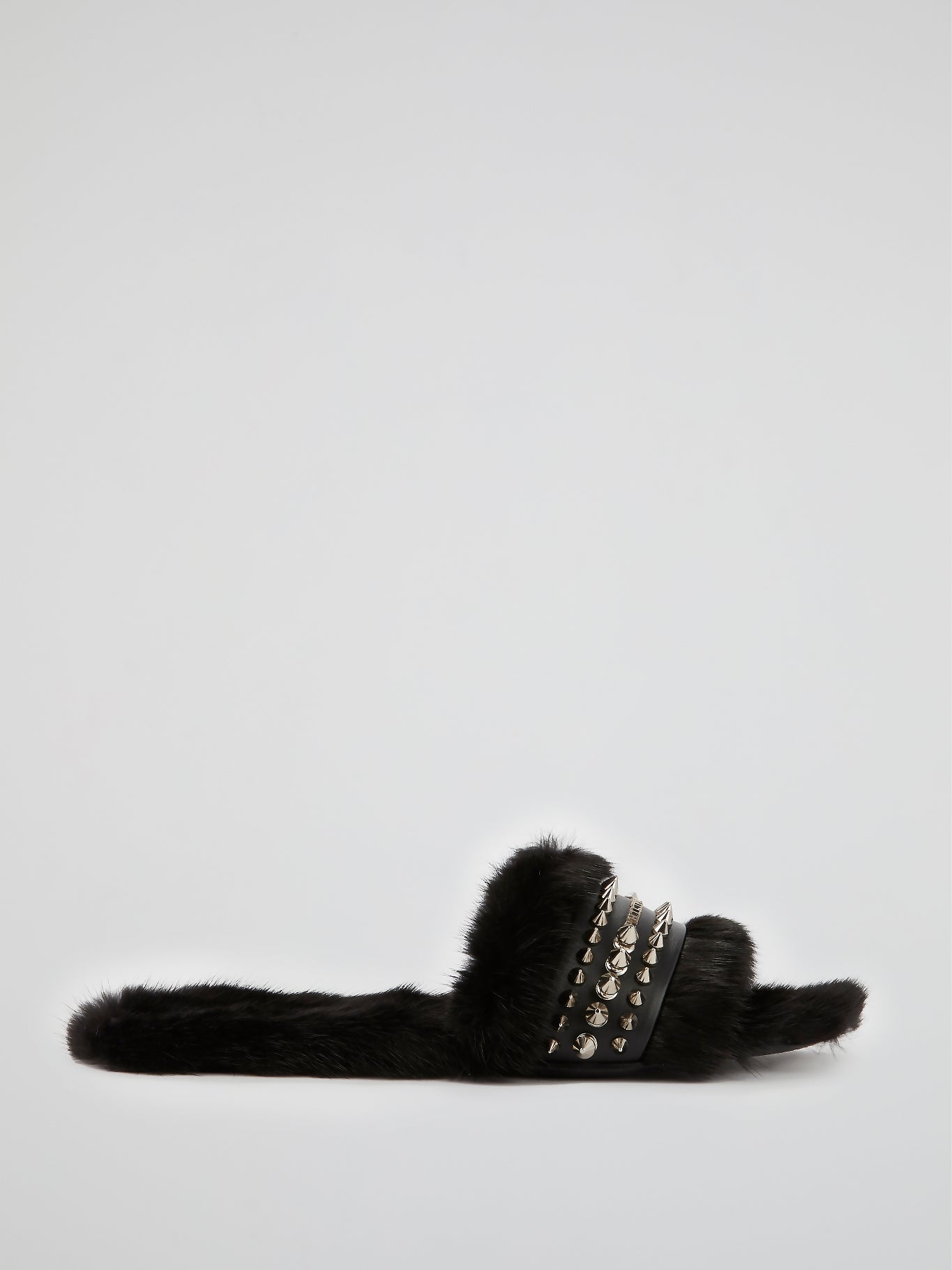 Black Spike Studded Fur Slippers