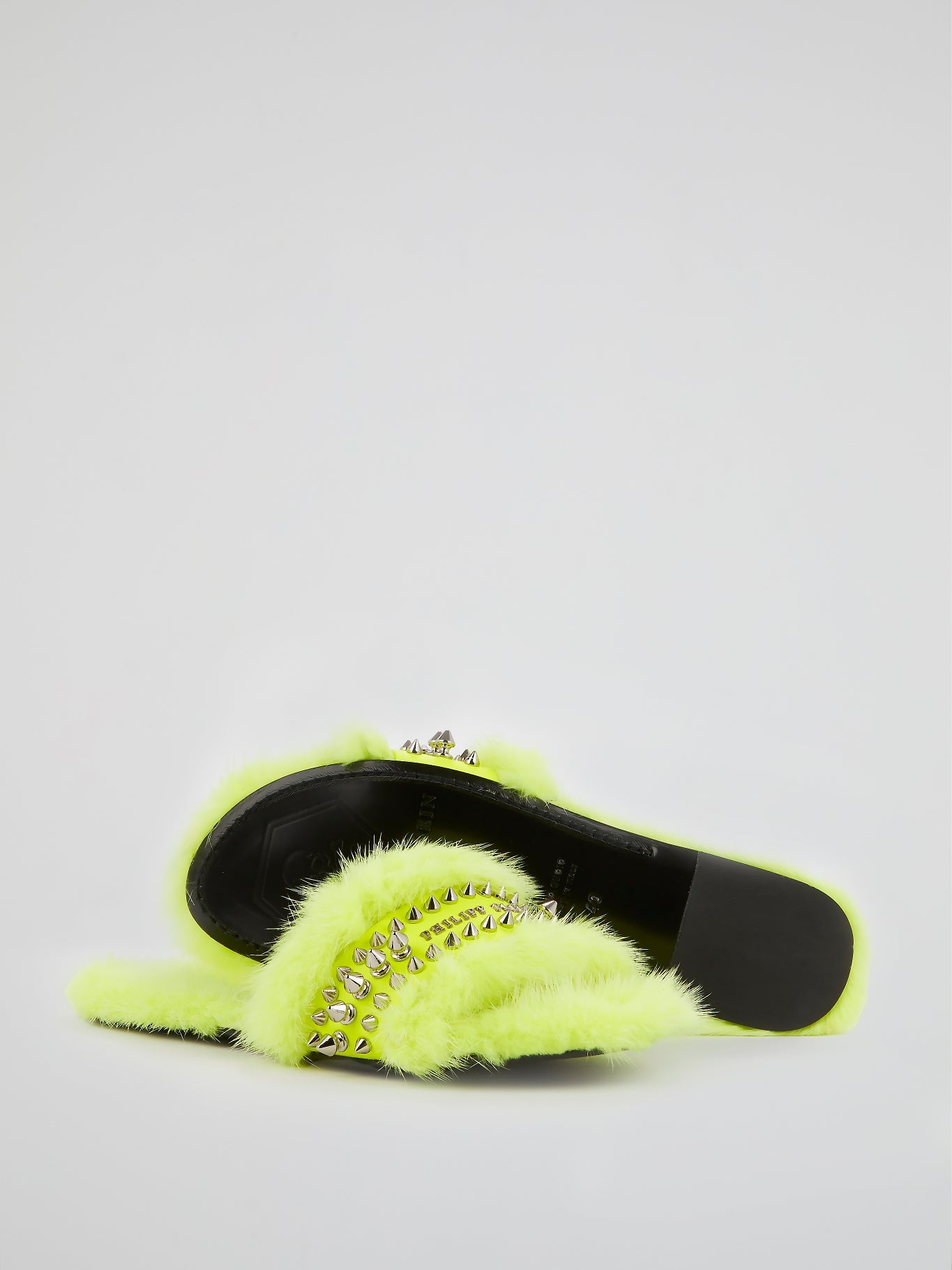Neon Yellow Spike Studded Fur Slippers