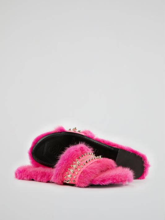 Pink Spike Studded Fur Slippers