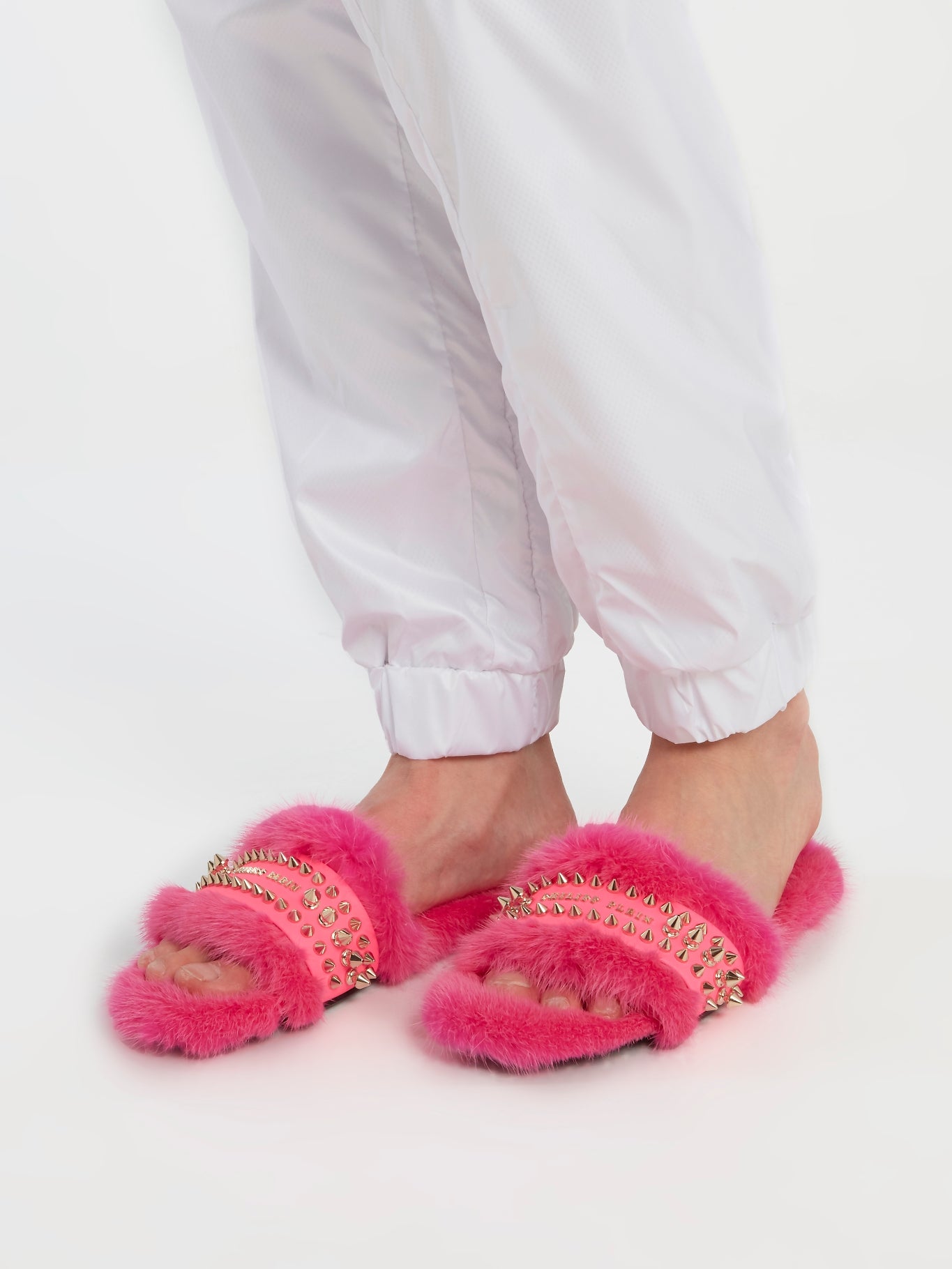 Pink Spike Studded Fur Slippers