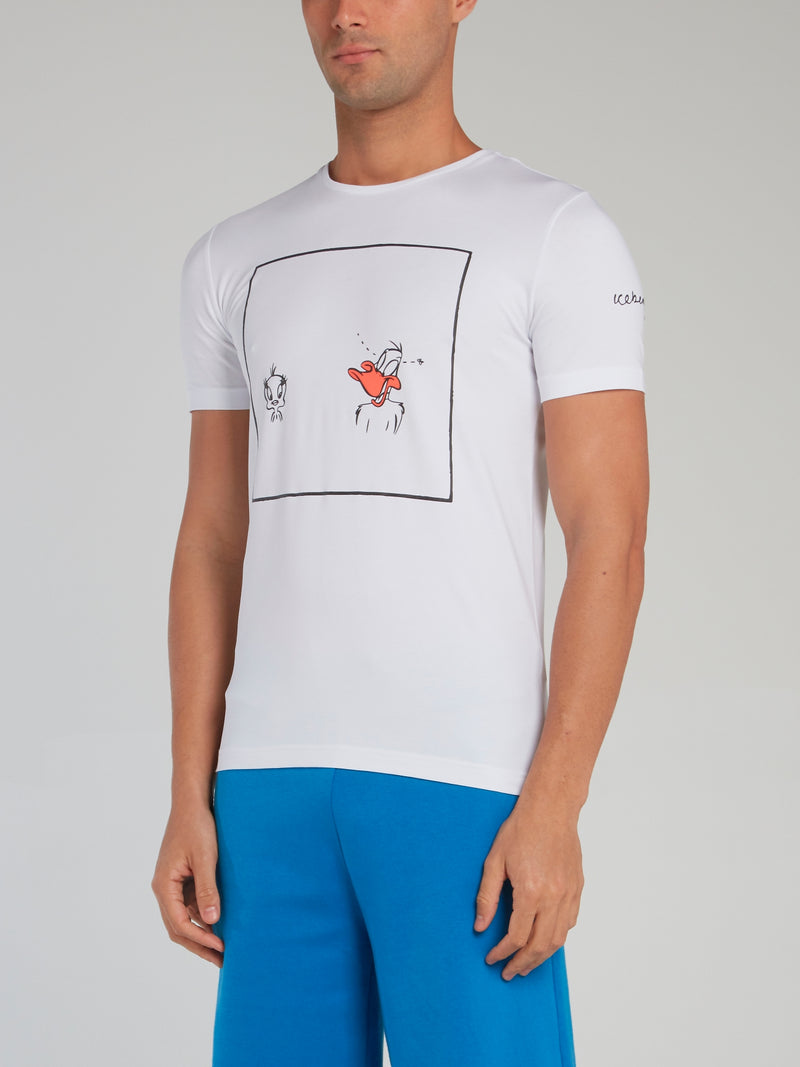 Daffy and Tweety White Printed T-Shirt