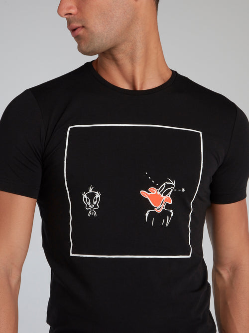 Daffy and Tweety Black Printed T-Shirt