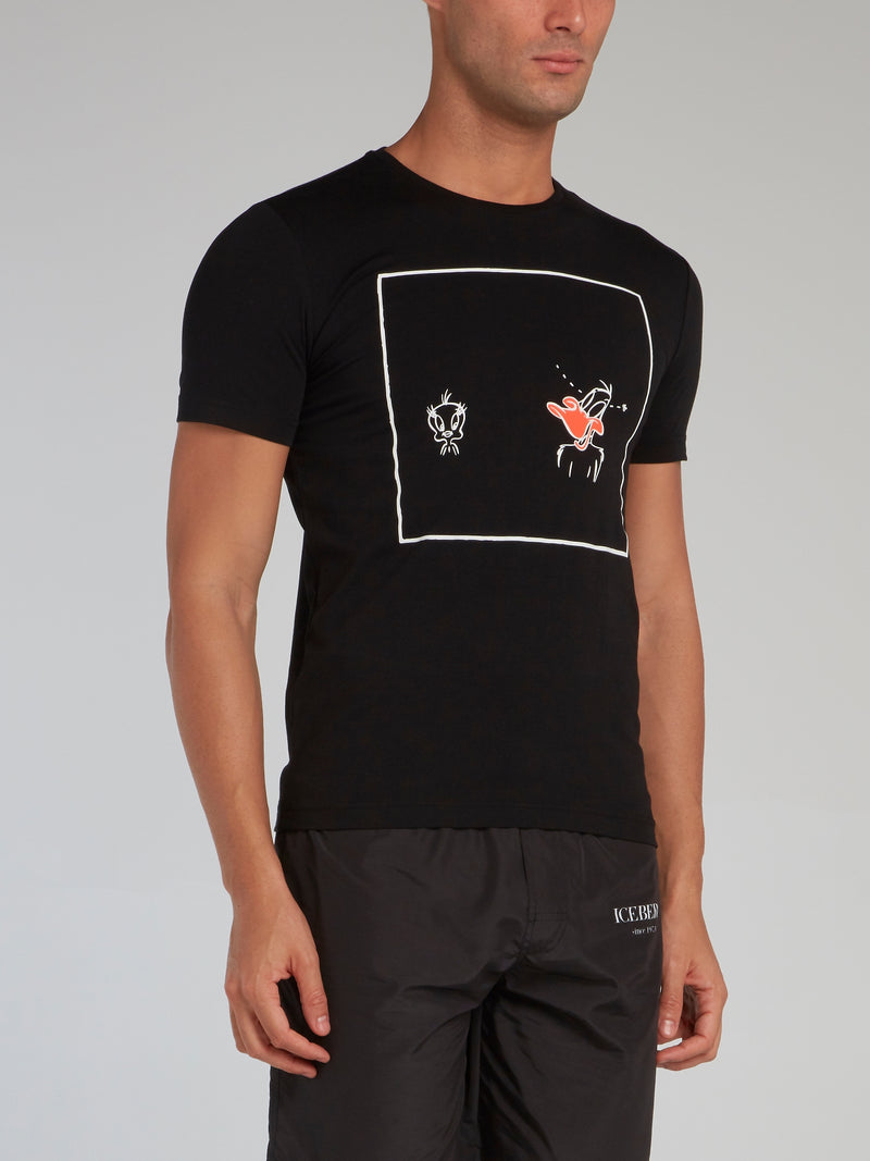 Daffy and Tweety Black Printed T-Shirt
