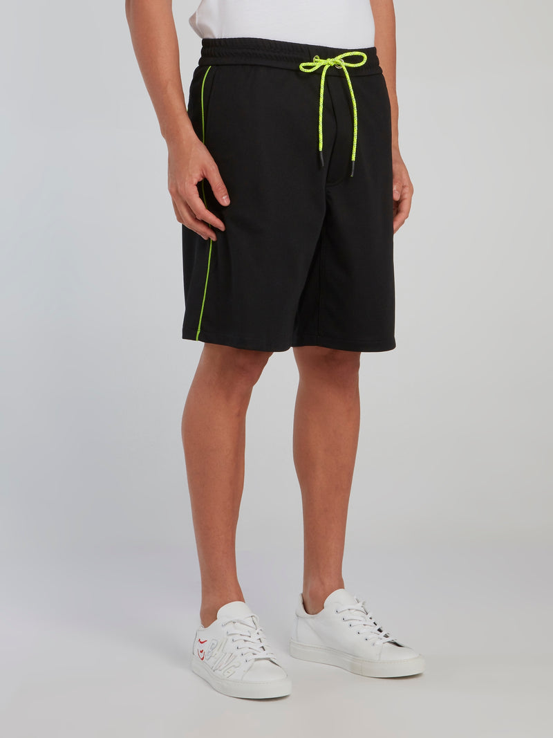 Neon Detail Black Drawstring Shorts