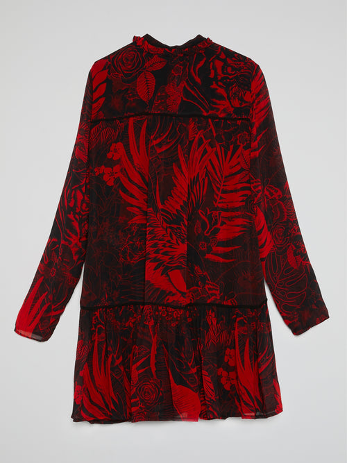 Red Jungle Print Flared Shirt Dress