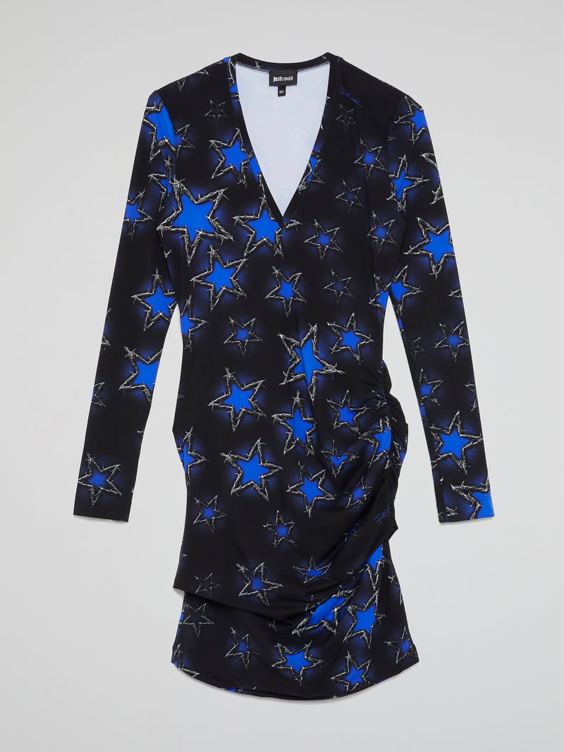 Navy Star Print Ruched Dress